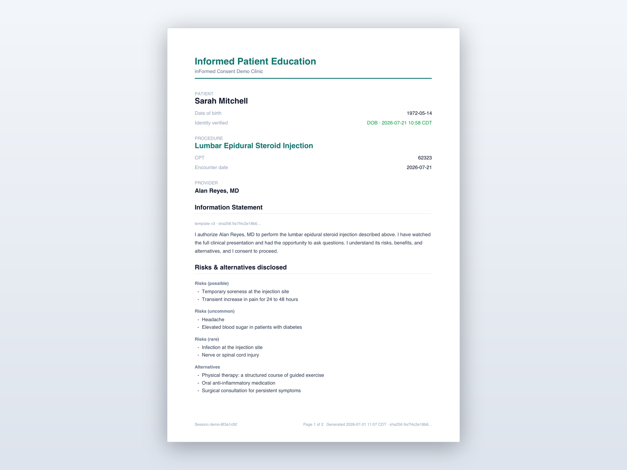 The generated consent record, sealed and attached to the chart